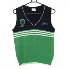 【美品】アディダス ニットベスト ネイビー×グリーン Vネック 胸元3ライン ウール混 レディース M/M ゴルフウェア adidas