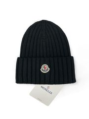 新品 MONCLER ロゴパッチ 5ゲージ ウール ニットキャップ ビーニー モンクレール ブラック