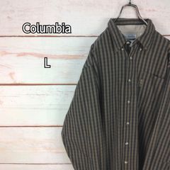 Columbia コロンビア 長袖ボタンダウンシャツ ロゴ入り胸ポケット付き ブラウン系 ネイビー チェック メンズ Lサイズ