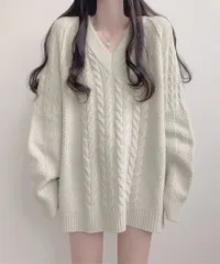 ケーブルニット チュニック ワンピース ミニ レディース 韓国 Vネック ニットセーター 体型カバー ニット ミニワンピース ニットプルオーバー 着やせ 長袖 レトロ セーター ロングニット 秋冬 ドロップショルダー ショートワンピース WANGYUE-039