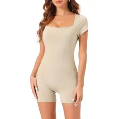 【送料無料】 アレグラ ケー レディース ワンピース トップス Womens Short Sleeve Bodycon Romper Stretchy Square Neck Unitard Jumpsuit Apricot