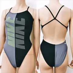 ●SE3D63☆NIKEナイキ競泳水着 シングルストラップ ビッグ英字 黒グレー レーサーバック Lサイズ レディース 練習用水着 フィットネスジムプール ワンピース■
