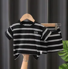 トップス＋ショートパンツ セットアップ トップス＋ズボン カジュアル サマーストライプTシャツ ショーツ ベビー服 ボーダー柄 韓国風子供服 男の子 女の子 男女兼用 ボーダー 子供服 キッズ 半袖 おしゃれ かわいい 保育園 幼稚園 ブラック