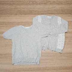 ◇ ViS ビス クルーネック レース 薄手 半袖ニット カーディガン サイズL グレー レディース E  【1308160033937】