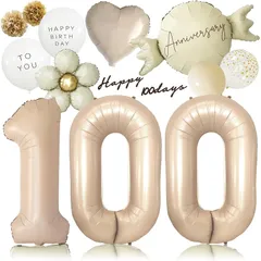 【新品】 deerzon くすみベージュ 100日 飾り 百日祝い 100日祝い 100days くすみ 数字 バルーン 誕生日 飾り付け 13点 セット 大きい ナンバーバルーン 0