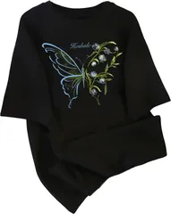bubu o_hana(ブブ オーハナ) Tシャツ ゆったり 大きめ フロント バタフライ フラワー プリント カジュアル 背面 無地 レディース 女性 用 春 夏 秋 冬 服 半袖 トップス 体型カバー オーバー サイズ(ブラック,  XL)