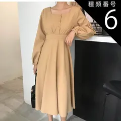 種類6：ブラック/L トップス スカート プルオーバー フレアワンピース 膝丈 ひざ丈 膝下 袖あり 長袖 絞り袖 ドロップショルダー スクープドネック スリム Aライン プリーツ ハイウエスト ボタン 大人可愛い きれいめ シンプル 大人 上品 おしゃれ レ