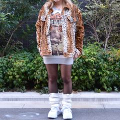 インスタグラム コーディネート Reclaimed vintage リクライムド ヴィンテージ ヒョウ柄 レオパード フェイクファー ジャケット Sサイズ × MY T-SHIRT スティーブマックイーン ハーレー エンブレム ビンテージ スウェット Sサイズ