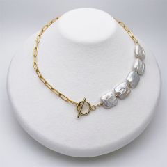 大粒本真珠ネックレス マンテル 淡水パール レクタングル バロック ゴールド系 ステンレスチェーン