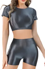 新品 [Maeau] レディース 光沢 半袖 トップス へそ出し ショートパンツ 上下セット スパッツ レギンス ショート丈 インナー 仮装 コスプレ ヨガ ダンス衣装 カジュアル
