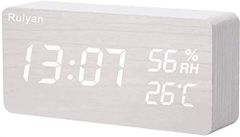 ホワイト Andchi 目覚まし時計 置き時計 木目 LEDデジタル時計 アラームクロック 温度湿度計 カレンダー 音声感知 USB/乾電池給電 ホワイト