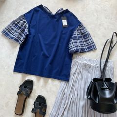 新品日本製！mallaマーラチェックリボンフレアスリーブカットソー5分袖Tシャツ青ライトネイビー