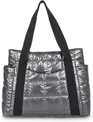 MT's SHOP トートバッグ レディース A4 大容量 軽量 光沢 キルティング ふわふわ サイドポケット 肩掛け 手提げ マザーズ 通勤 SH387( シルバー)