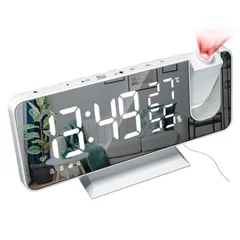 【在庫セール】FMラジオ スヌーズ ミラー 携帯充電 おしゃれ 温湿度計 多機能 見やすい 非電波 明るさ 音量調節可能 投影時計 光センサー自動調光 大画面 180°回転投影 デジタルLED時計 USB給電式 置き時計 目覚まし時計 部屋 オフィス Shen