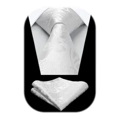 [HISDERN] 結婚式 ネクタイ メンズ 白 ペイズリー柄 ネクタイ おしゃれ 高級 ネクタイ ポケットチーフ セット 花柄 ネクタイ 礼服 フォーマル 絹 シルク ウェディング ブランド プレセント ねくたい 男性