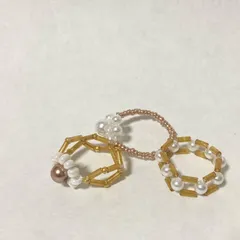 ビーズリング 3点セット パールゴールドフラワー 韓国風 ハンドメイド