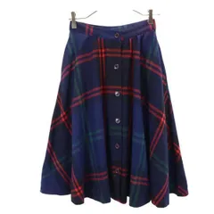 チェック柄 ロング丈 フレアスカート ネイビー系 フロントボタン レディース