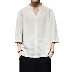 ホワイト_XL YIMANIE 夏服 メンズ tシャツ 七分袖 綿麻 ゆったり Vネックシャツ 無地 リネンシャツ トップス おしゃれ 快適 カジュアル 涼しい 通勤 軽量 薄手 カットソー