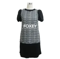 極美品 DAISYLIN FOXEY デイジーリン フォクシー サイズ38 ワンピース ドレス ツイード シフォン 前後切り替え クルーネック 半袖 膝丈 ブラック×ホワイト レディース