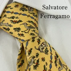《美品》Salvatore Ferragamo (サルヴァトーレフェラガモ) シルクネクタイ 総柄 アニマル柄 ウサギ 犬 鳥 花 葉 黄 茶 赤 青 グレー 緑