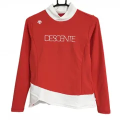 【美品】デサントゴルフ 長袖ハイネックシャツ レッド×白 フロントロゴ バイカラー レディース M ゴルフウェア 2022年モデル DESCENTE
