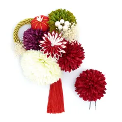 髪飾り 成人式 つまみ細工 赤 振袖 前撮り 袴 2点セット 花 菊 ちりめん 白 紫 渋緑 ゴールド 組紐 房 房 パール ビーズ カス No.12-0660