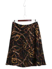 【お得なクーポン配布中!】 00s ローレン ラルフローレン 総柄 プリーツ スカート レディース L 程 オールド ポロ 100% シルク ひざ下丈 きれいめ ミモレ丈 フレア 黒