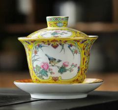 景徳鎮製　中国茶器　茶道具　蓋碗　粉彩　四季開窗　三才蓋碗
