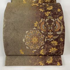 袋帯 美品 秀品 向かい鳥 華文 金糸 箔 金色 六通 正絹 【中古