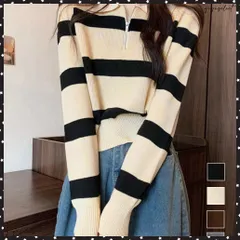 ニットトップス ハーフジップ 襟付き ショート丈 ボーダーニット 配色ニットプルオーバー 春秋冬 リブニット 通勤通学 ニットセーター ニットソー ZIP ニットウエア 長袖 大人カジュアル 韓国ファッション