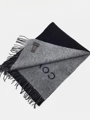 【中古 美品】コーチ　COACH　ロゴ　ウール　カシミア混　マフラー　バイカラー　リバーシブル　フリンジ　黒　グレイ　通勤　通学　メンズ　レディース　男女兼用