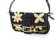フェンディ デニム 刺繍 マンマバケット ショルダーバッグ ハンドバッグ フラワー 花柄 ネイビー シルバー金具