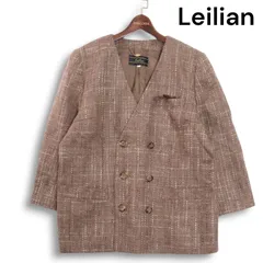 Leilian レリアン プラスハウス 秋冬 ツイード♪ チェック柄 ダブル ノーカラー ジャケット Sz.17+ レディース 大きいサイズ