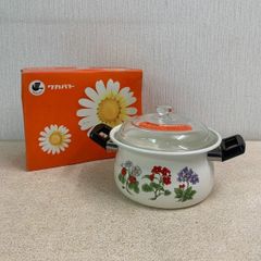 【フォロー割対象商品】昭和レトロ　ワカバト印　 ホーロー鍋　内径約18cm 耐熱ガラス蓋付き　若鳩製作所