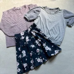 【3点まとめ売り】INGNI イング レディース Mサイズ 長袖 ケーブルニット ボリュームニット  半袖 カットソー パフスリーブ 花柄 ミニスカート フレア ガーリー かわいい  ピンク グレー JK JD