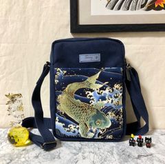 和柄ミニショルダーバッグ 縦型 鯉 ネイビー 内ポケット付き ハンドメイド メンズ レディース ストリート ポシェット