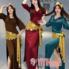 ベリーダンス衣装 3点セット 大人 オリエンタル エジプト サイディ バラディ パフォーマンス 民俗 ダンス衣装 ロング スリット ワンピース ベルト 髪飾り インナーパンツ 練習着 レッスン着 ストラップ コインスパンコールス ストーン きらきら