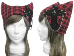 ◇送料無料◇　ハンドメイド◆パンク[クロス飾り&チェーン] 猫耳帽子◆チェック柄コットンニット／レッド系　◇ゆったりサイズ・オールシーズン着用◇