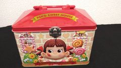 不二家　ペコちゃん　ポコちゃん　お菓子の家　バッグ型空き缶+ペコちゃん人形キーホルダー