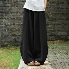 ワイドパンツ  L ブラック 綿麻 とろみ  ゆるとろ 楽ちん コットンリネン ボトムス ウエストゴム 無地 カジュアル コクーンシルエット