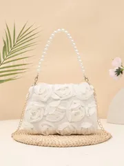 バッグ レディース ドレスバッグ 1個 エレガントな3Dローズフラワーショルダーバッグ、メタルチェーンクロスボディバッグ、フェイクパールハンドバッグ、レディースパーティードレス、パーティーバッグ、ホリデーパーティー