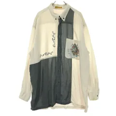 LANCEL ランセル バイカラー 刺繍 長袖 ボタンダウンシャツ ベージュ グレー メンズ 古着