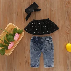 セットアップ　女の子　ドット柄ベアトップ　ダメージ加工デニム　ヘアアクセサリー　三点セット　90サイズ　100サイズ