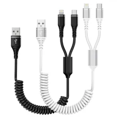 【人気商品】2本 USB コイル式 lightningケーブル+type-cケーブル0.4mから1.2Mまで自由伸縮2股 カール 充電ケーブル ライトニング iPhone用車ケーブル ライトニング アイフォン16充電ケーブル マルチAndriod typec
