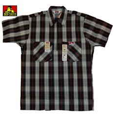 送料無料！BEN DAVIS ベンデイビス ハーフジップ ワークシャツ 半袖チェック USA製 BLACK×CREAM M