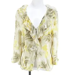 エスカーダ ESCADA 花柄 フラワー 八分袖 シャツ ブラウス 絹 シルク 36 ベージュ系 シースルー 透け感 フリル