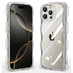 iPhone 16 Pro Max 用 ケース クリア 波状フレーム 耐衝撃 アイフォン 16 Pro Max 用 スマホケース かわいい 人気 可愛い 女性用 カバー 滑り止め ワイヤレス充電対応 ストラップホール付き ストラップ1種付き (クリア 透明 0