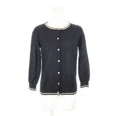 グローブ grove カーディガン ニット ラウンドネック 長袖 ラメ ライン バイカラー 透け感 薄手 M 紺 ネイビー /AH8 ☆