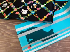 【着物三河】花格子にねこ＜半幅帯＞うれしい長尺430㎝ 新品・未使用品