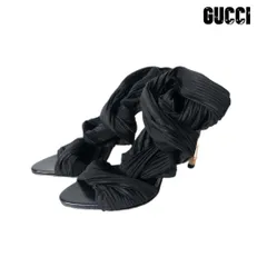 美品 GUCCI グッチ サンダル サテン プリーツ アンクルストラップ オープントゥ ピンヒール ハイヒール ブラック サイズ34C 約22㎝ レディース 古着 中古